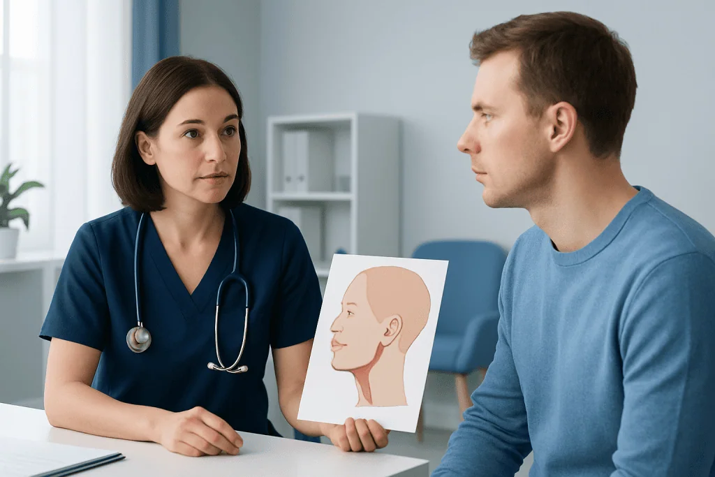 Doctor explaining retrognathia with diagram to patient in consultation room.