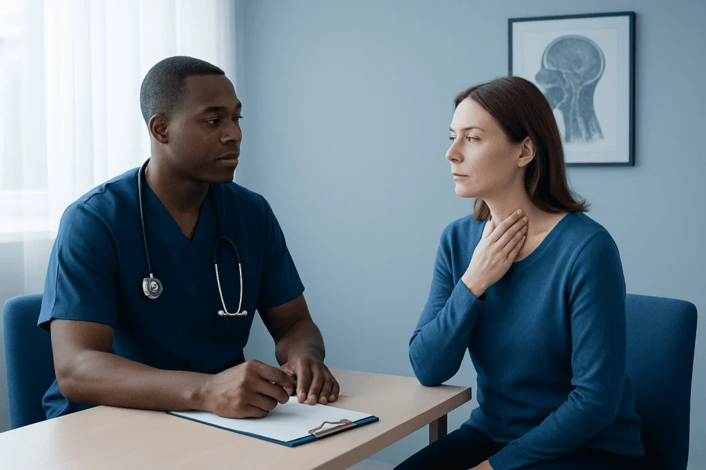 Doctor consulting with female patient in a medical office.