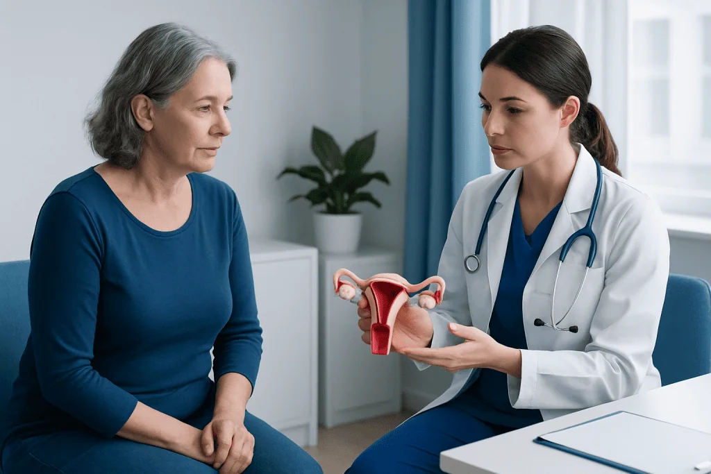 Doctor explaining prolapsed uterus with model to patient in consultation room.