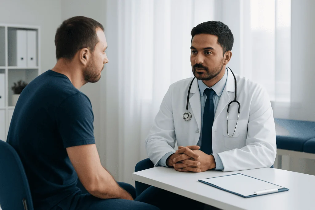 Doctor consulting with patient in a medical office setting.