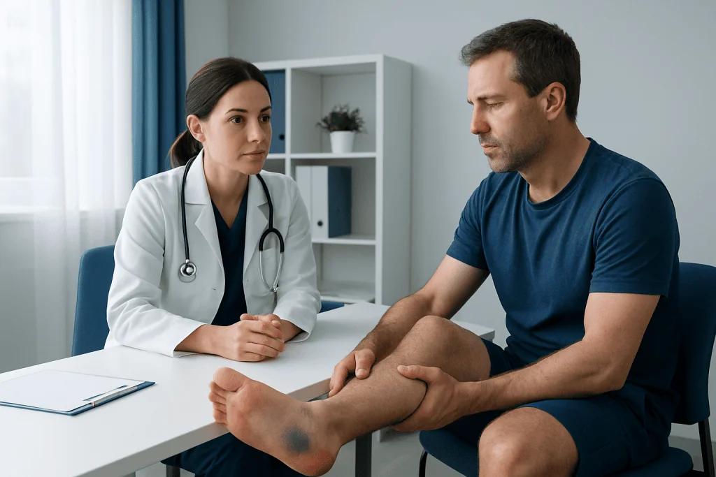 Doctor examining patient's ankle for bone bruise or injury.