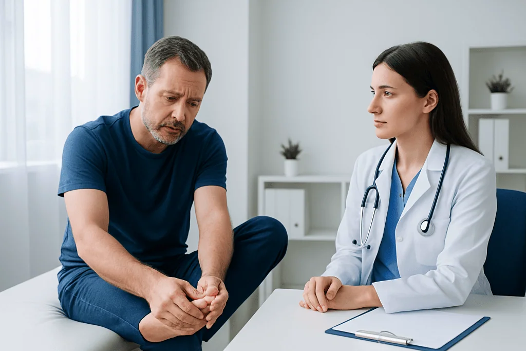Doctor consulting with patient about toe nail bed pain in clinic.