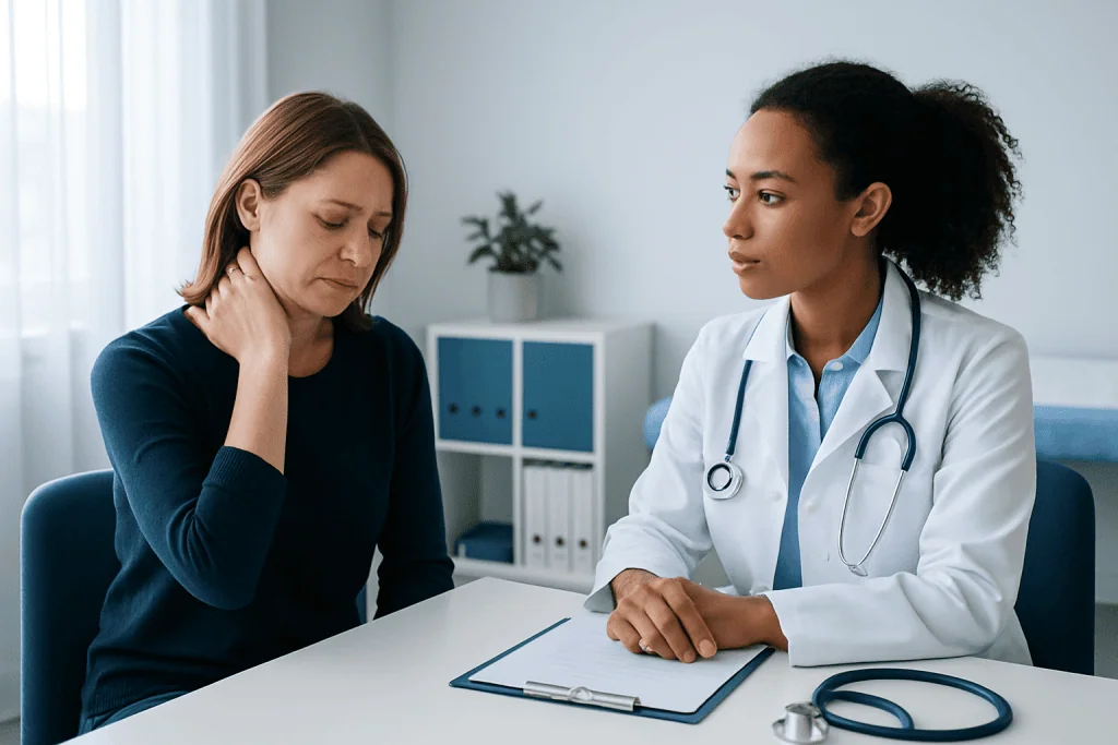 Doctor consulting a patient with neck pain in a medical office.
