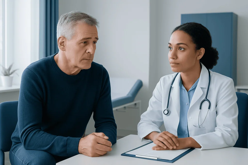 Doctor consulting with middle-aged male patient in clinic setting.