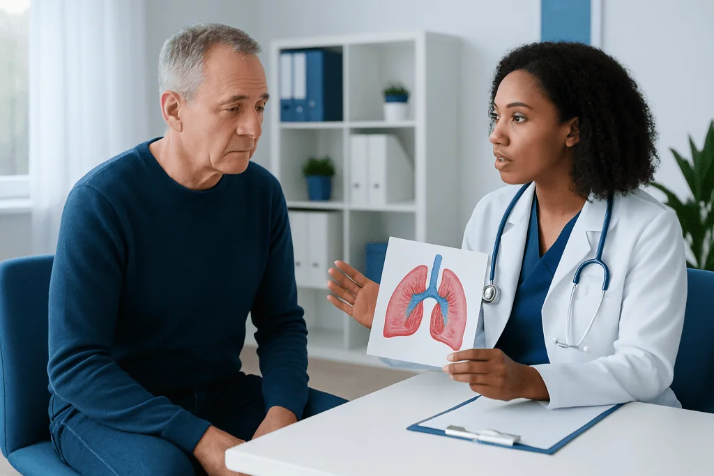 Doctor explaining lung health to patient with lung diagram.