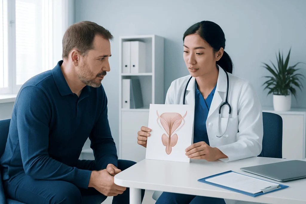 Urologist explaining prostate health to male patient with anatomical diagram.
