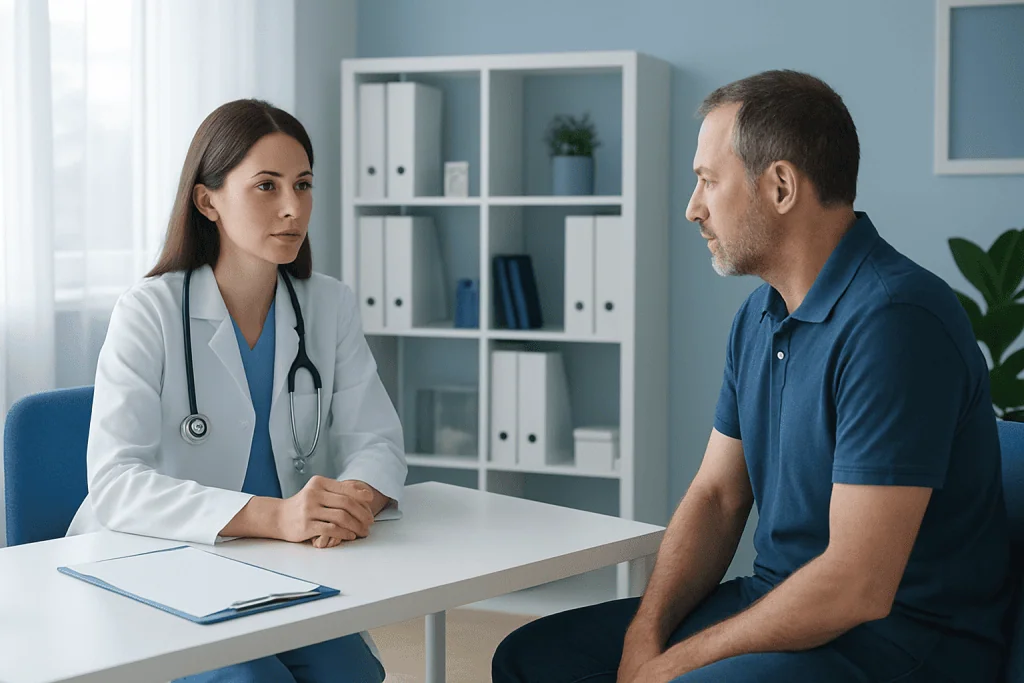 Doctor consulting patient in a modern medical office.