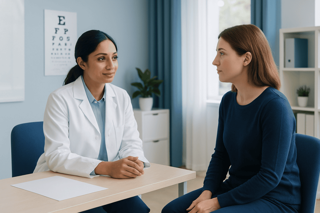 Ophthalmologist consulting a patient about eye health at Acibadem Hospital.