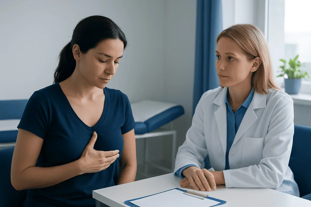 Doctor consulting a woman with breast discomfort in a clinical setting.