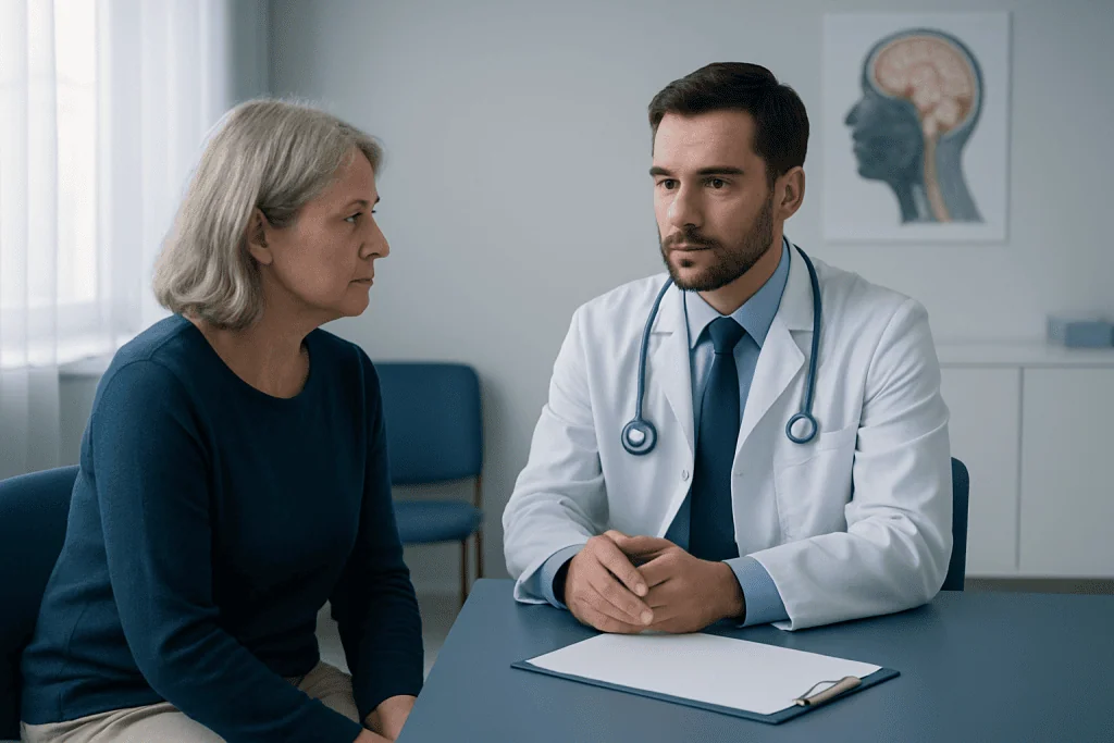 Doctor consulting with a patient about neurological health in a clinic.