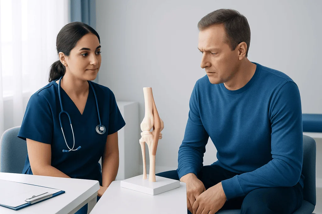 Doctor explaining knee anatomy to patient with model in clinic setting.