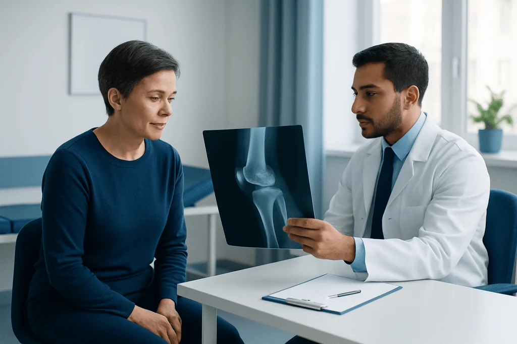 Doctor explaining knee X-ray to a patient in a medical consultation.