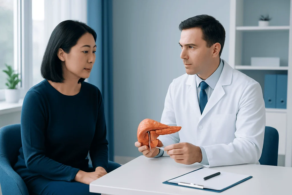Doctor explaining pancreatic health to patient in clinic setting.