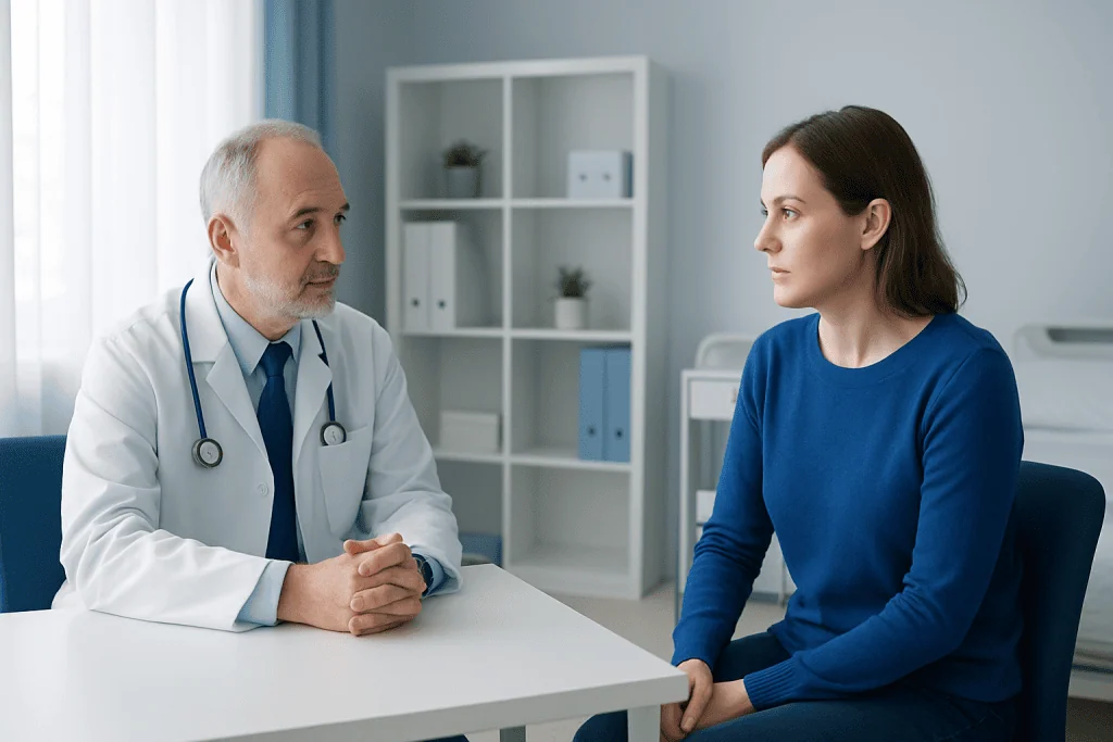 Doctor consulting with a female patient in a modern medical office.