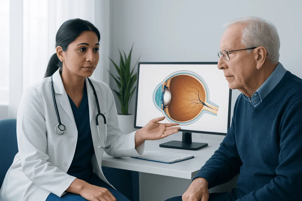 Ophthalmologist explains eye anatomy to elderly patient during consultation.