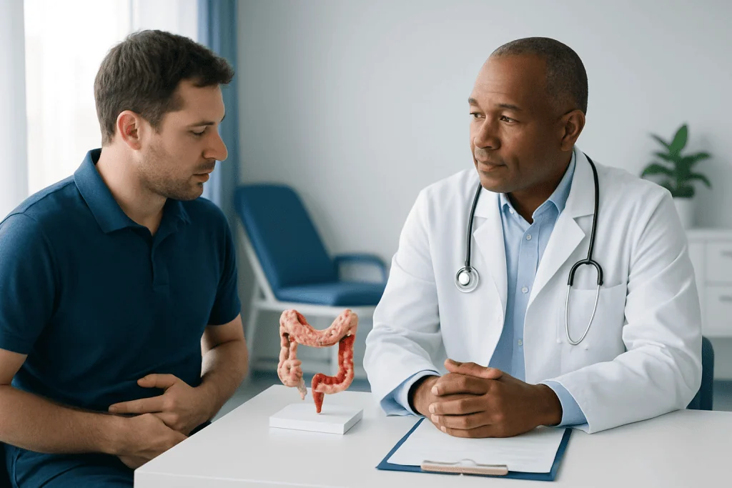 Doctor explaining colon health to patient with colon model in clinic.