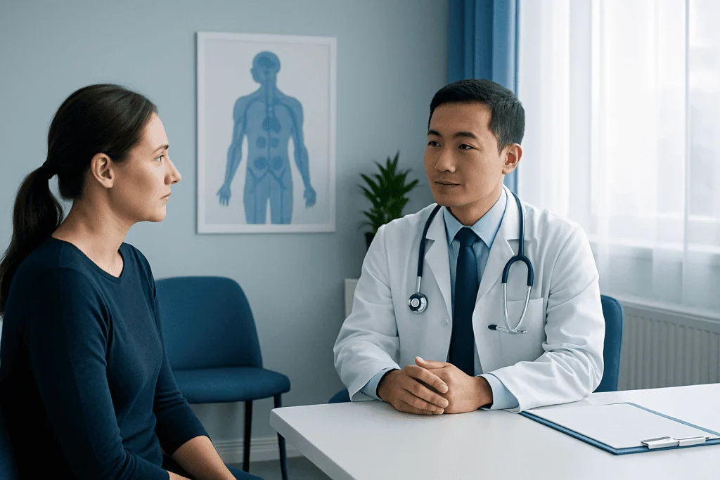 Doctor consulting with a female patient in a medical office.