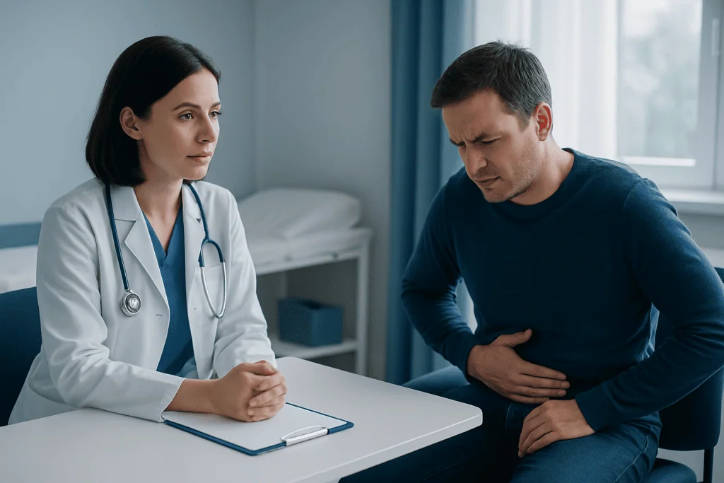 Doctor consulting with patient about abdominal pain and bowel issues.