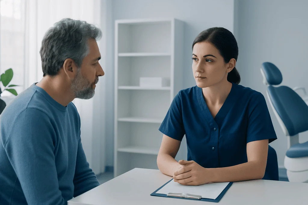 Dentist consulting with a patient about bleeding gums in a modern clinic.