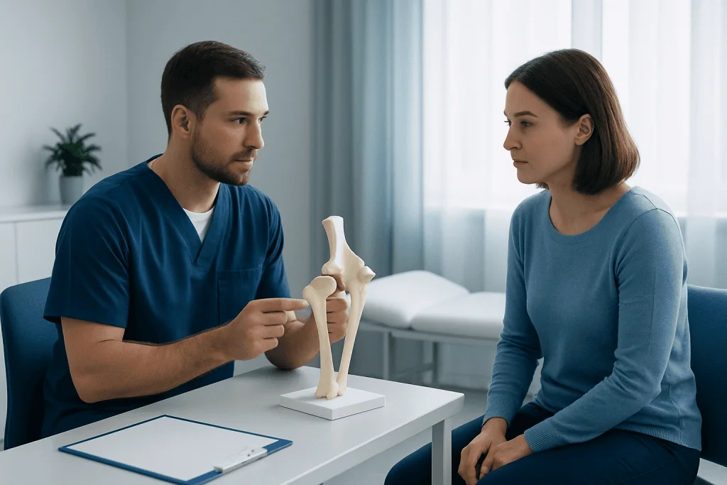 Orthopedic doctor explaining hip anatomy to a patient with a model.