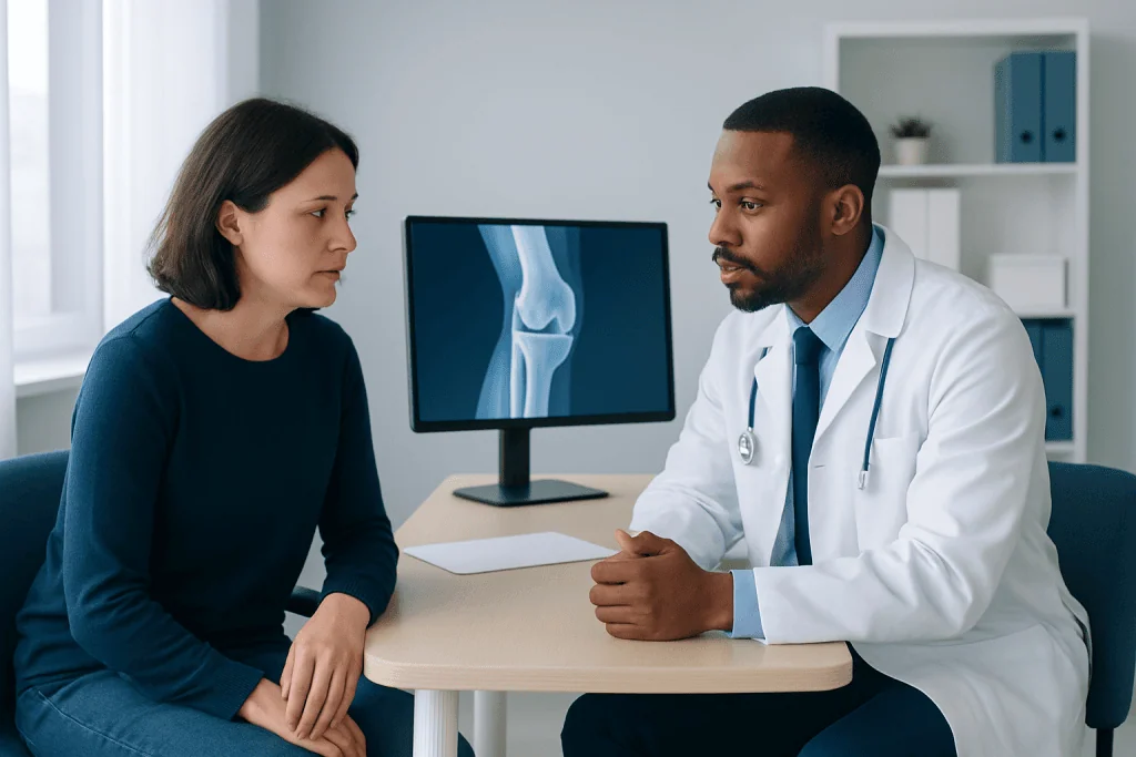 Doctor consulting with patient about knee injury and X-ray image.