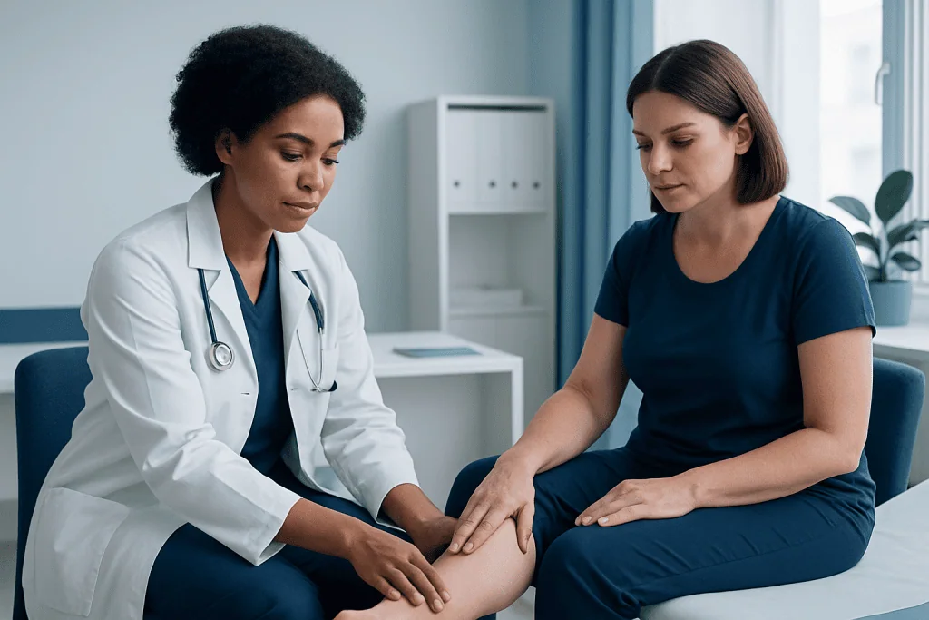 Doctor examining a patient's leg in a medical consultation room.