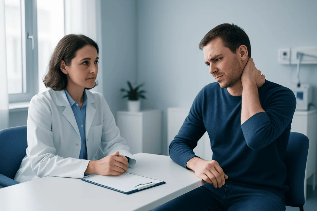 Doctor consulting with patient about symptoms in a medical office.