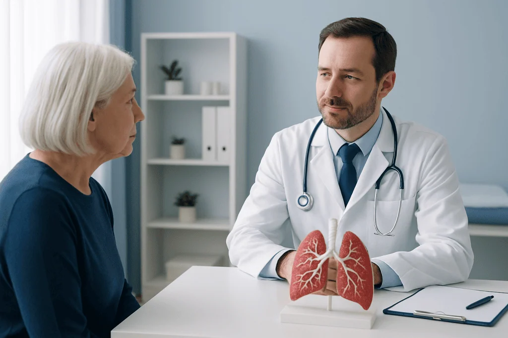 Doctor explaining lung health to an elderly woman in a medical consultation.