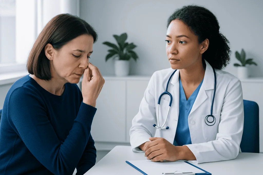Doctor consulting with a patient about nasal issues in a clinical setting.