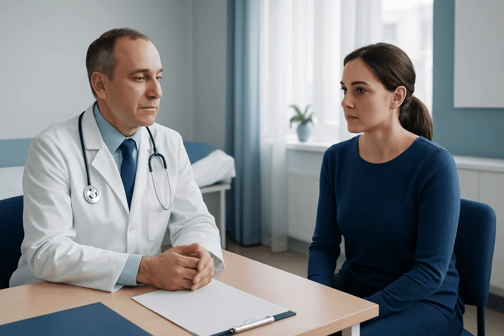 Doctor consulting with a young woman in a medical office setting.
