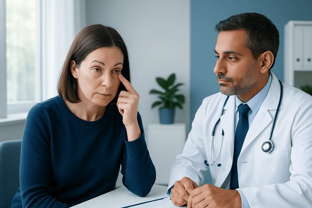 Doctor consulting with a woman about eye health concerns.