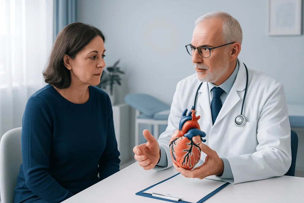 Cardiologist explaining heart model to a female patient in a clinic setting.