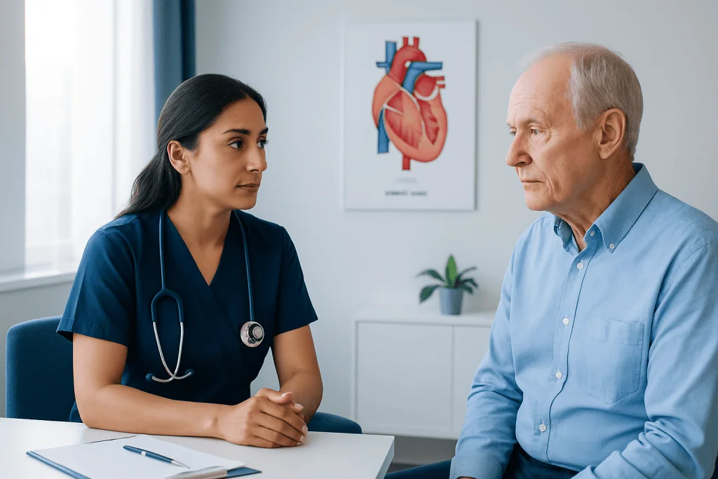 Doctor consulting with senior male patient in a medical office.