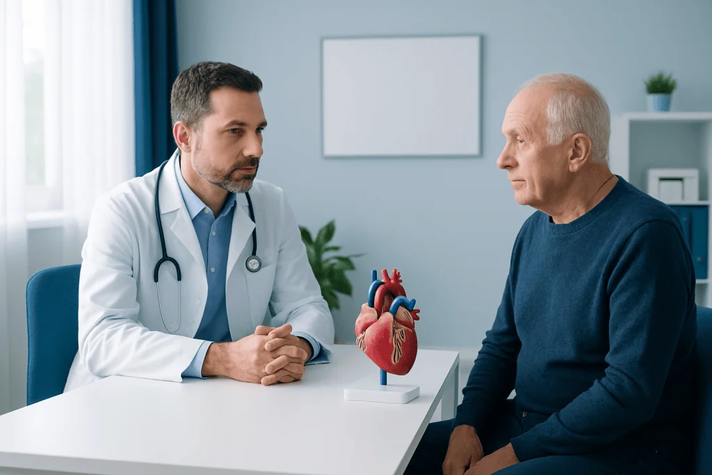 Doctor consulting with an elderly patient about heart health in a clinic.