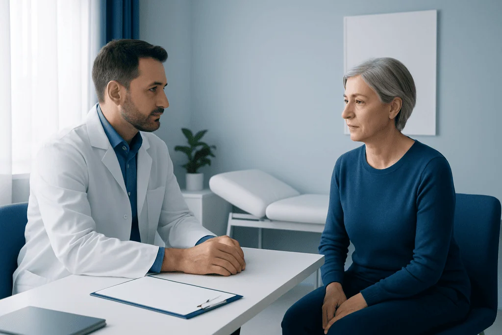 Doctor consulting with an elderly woman in a medical office.