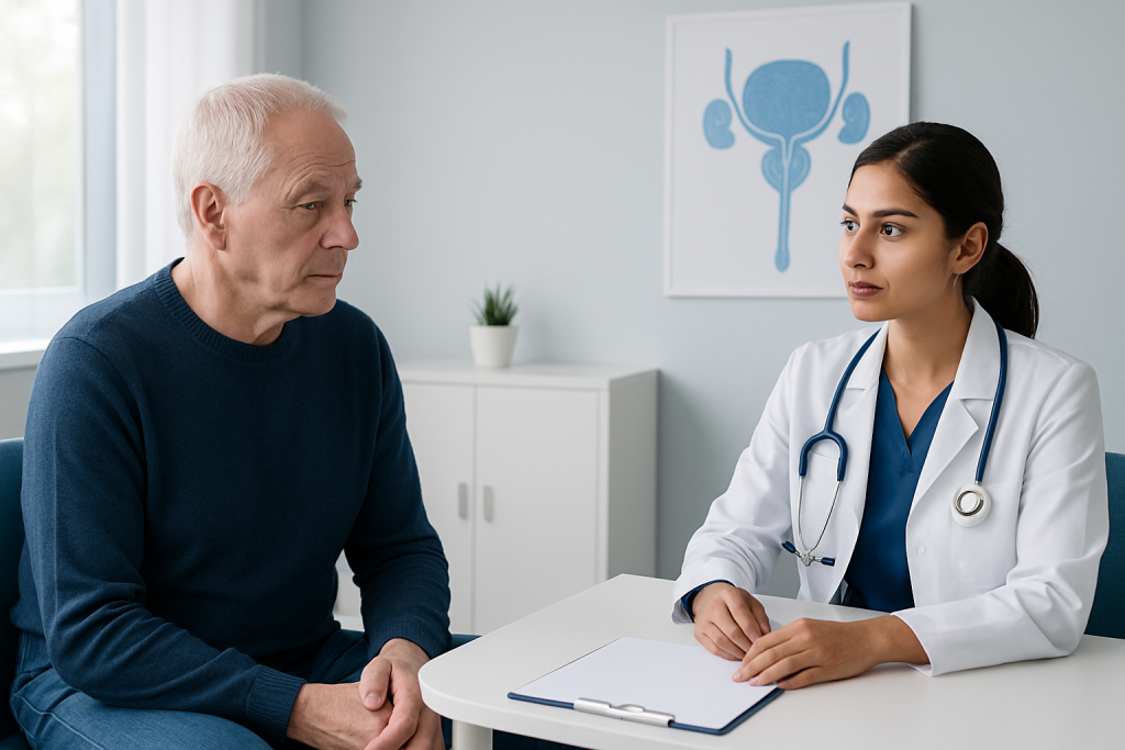 Urologist consulting with an elderly male patient in a clinic.