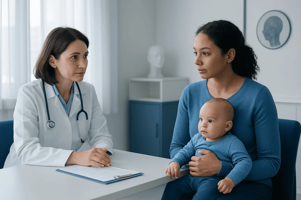Pediatric consultation with a doctor and mother in a clinic setting.