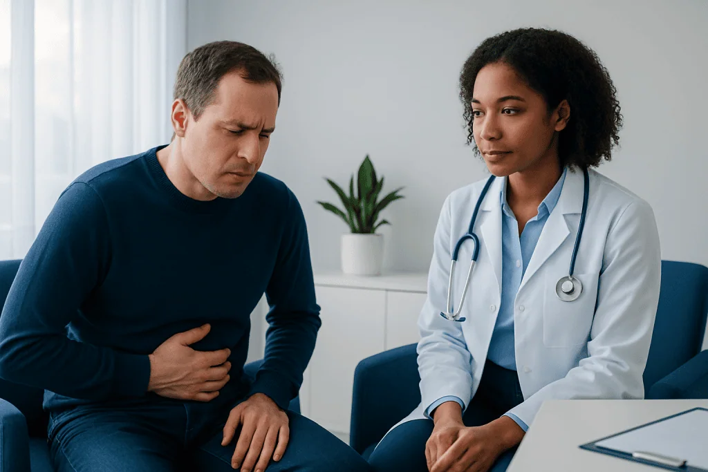 Doctor consulting with a patient experiencing stomach pain.