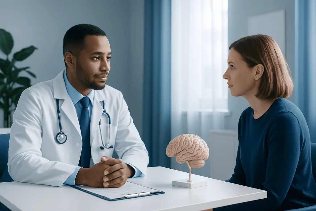 Doctor explaining brain health to a patient in a medical consultation.