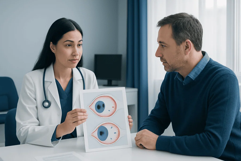 Ophthalmologist explains eye condition with eye diagram to patient.