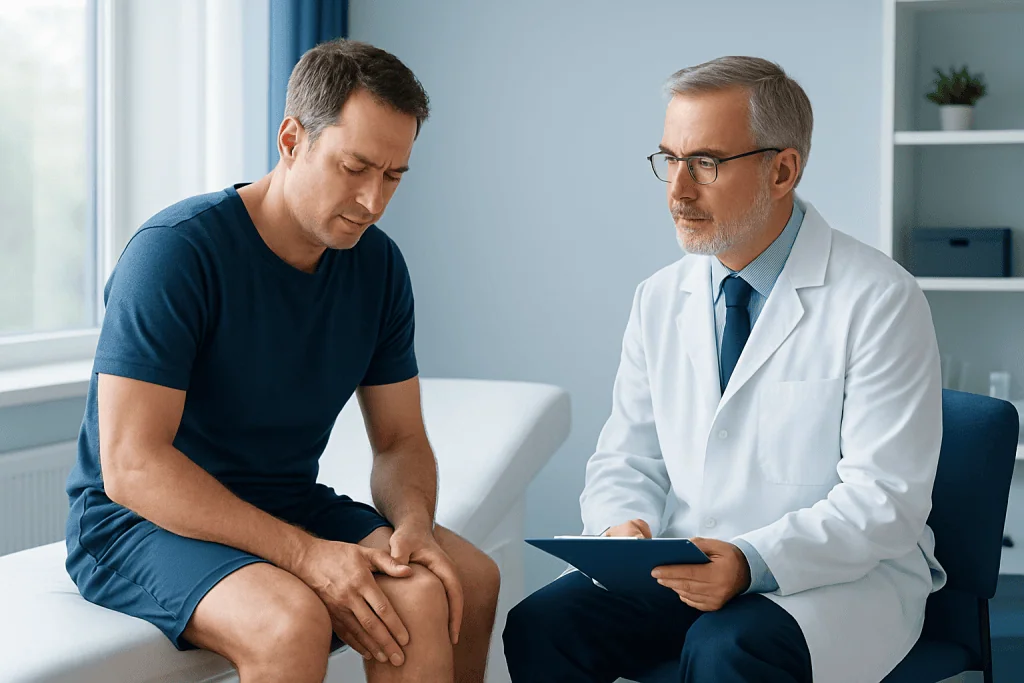 Doctor examining patient's knee for patellar tendinitis symptoms.