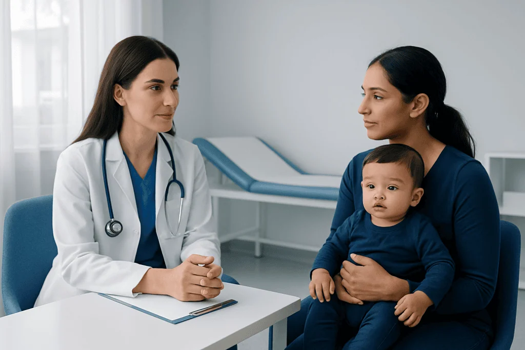 Doctor consulting with mother and child in a medical office.