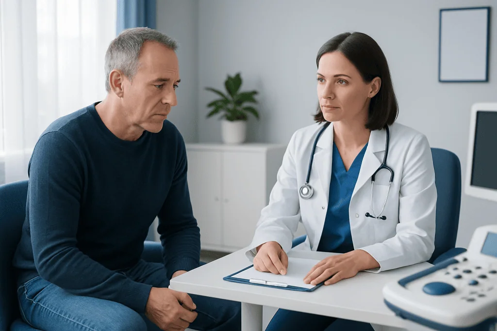 Doctor consulting with a male patient in a medical office setting.