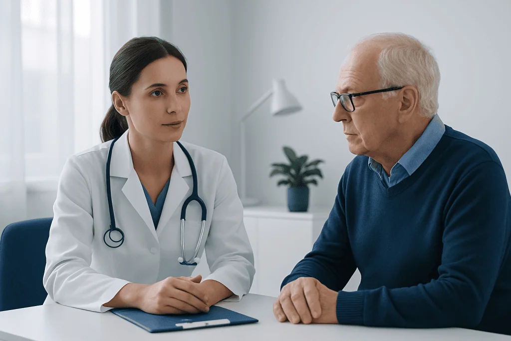 Doctor consulting elderly patient in a medical office setting.