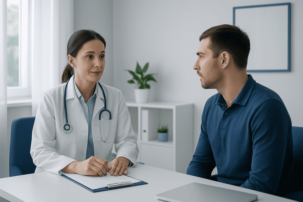 Doctor consulting with patient in a medical office setting.