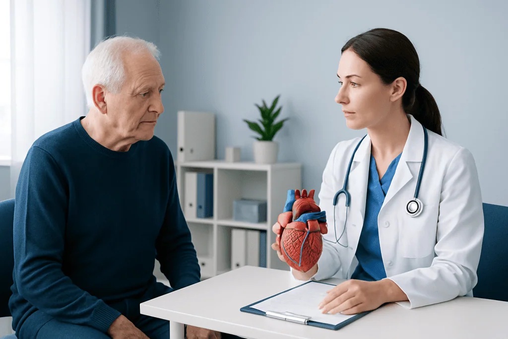 Cardiologist explaining heart health to elderly patient with heart model.