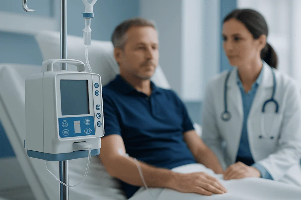 Patient receiving IV treatment in hospital room at Acibadem Hospitals Group.