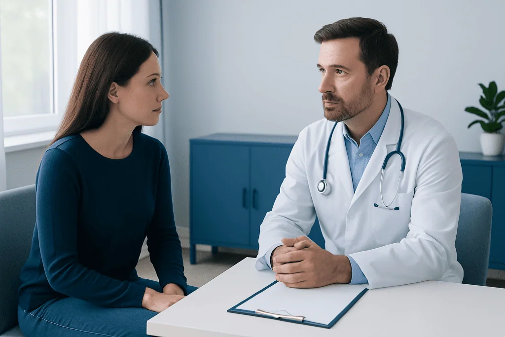 Doctor consulting with a female patient in a modern clinic setting.