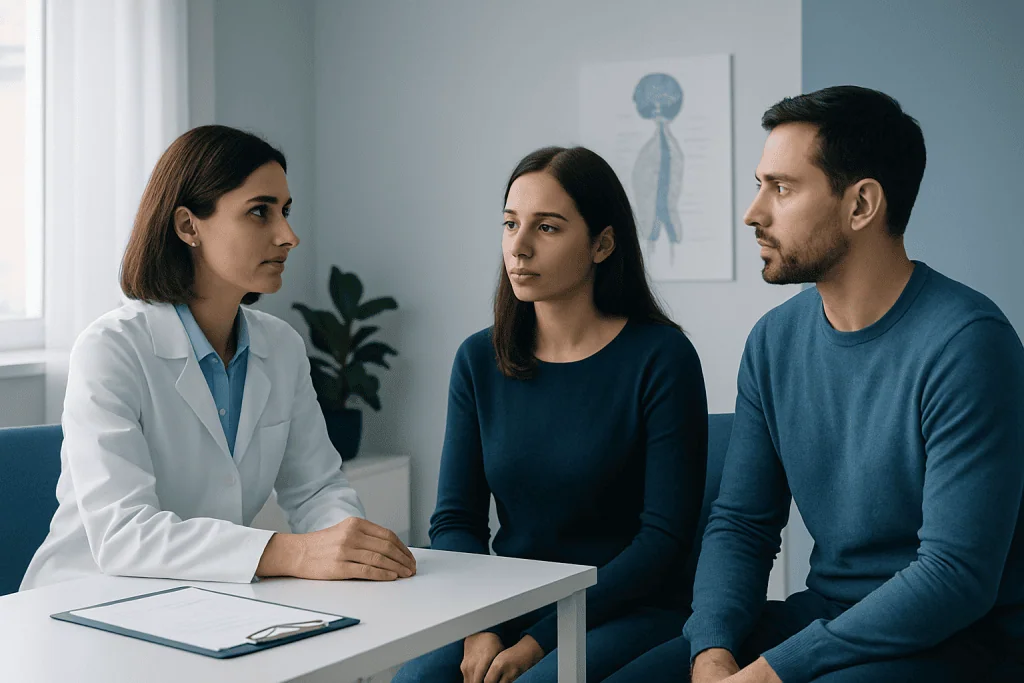 Doctor consulting with a couple in a medical office setting.