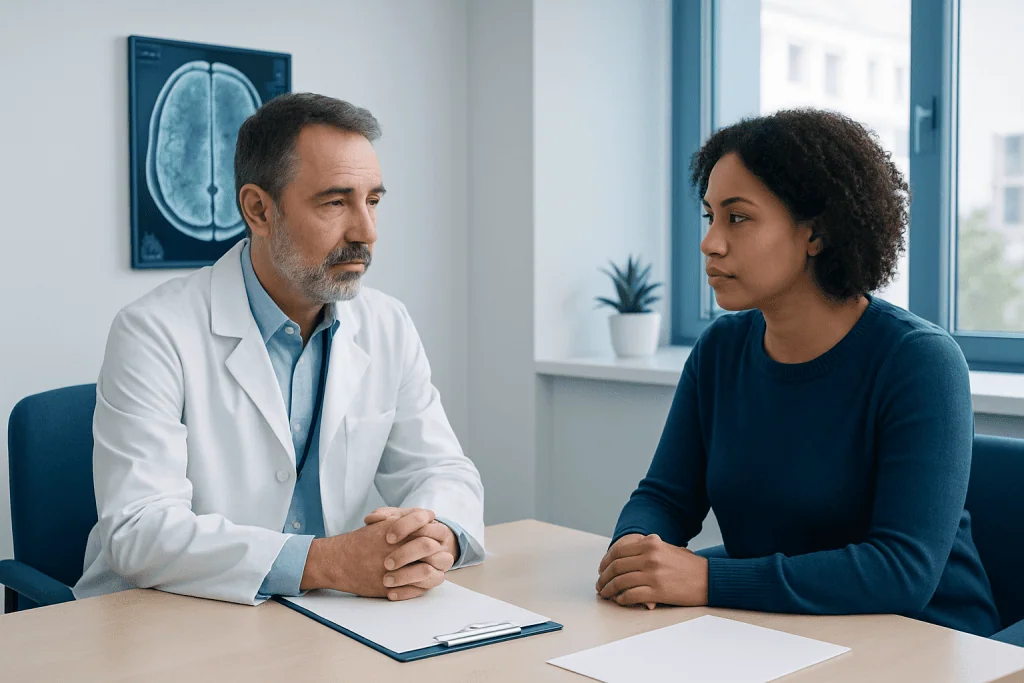 Doctor consulting with a patient in a medical office with brain scan image in background.